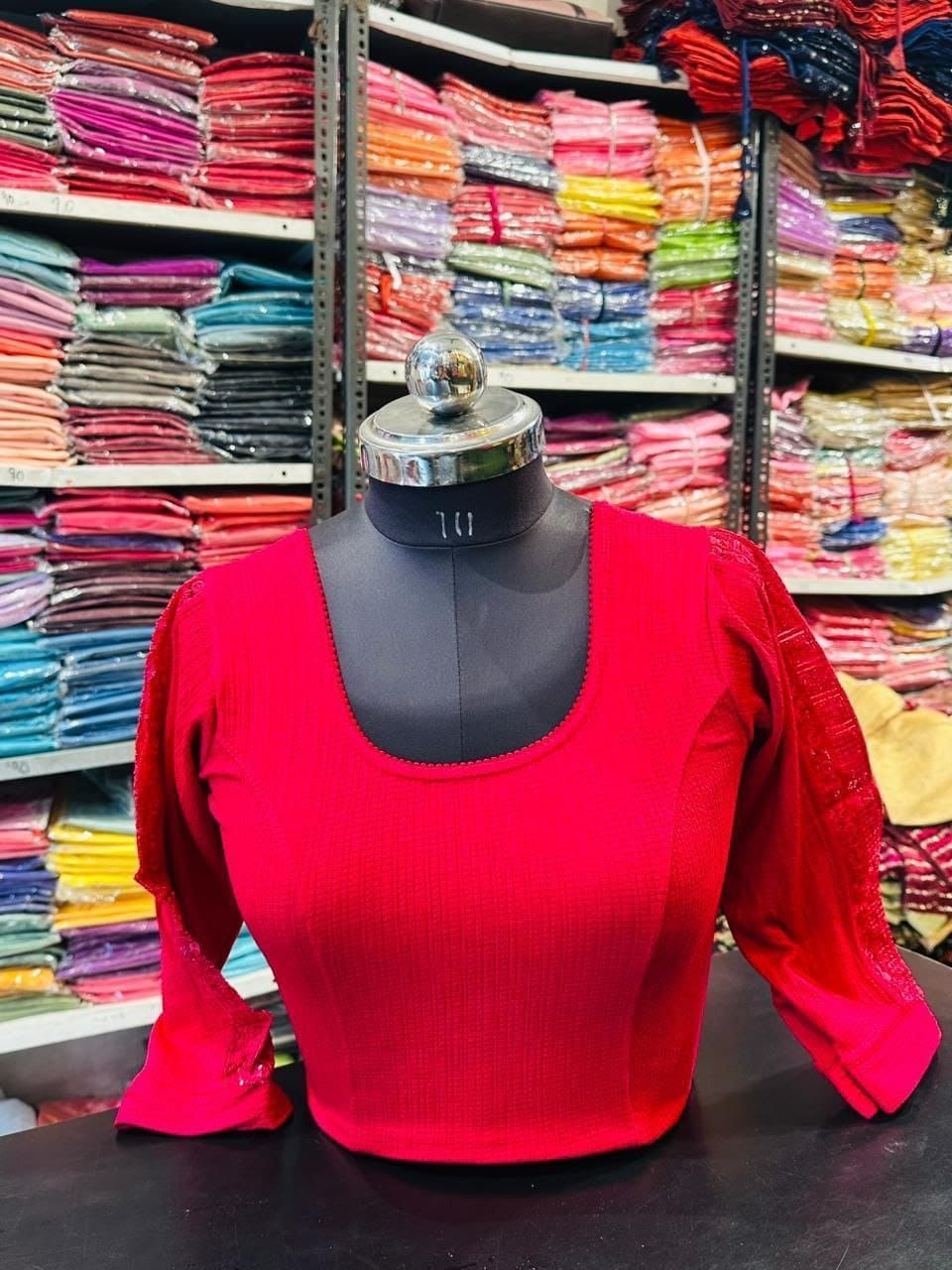 Red Net-Sleeve Blouse