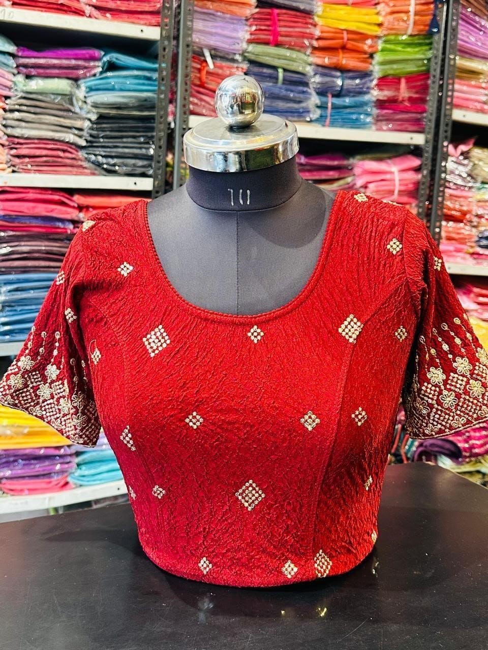 Red Bandhani Mirror-Work Blouse
