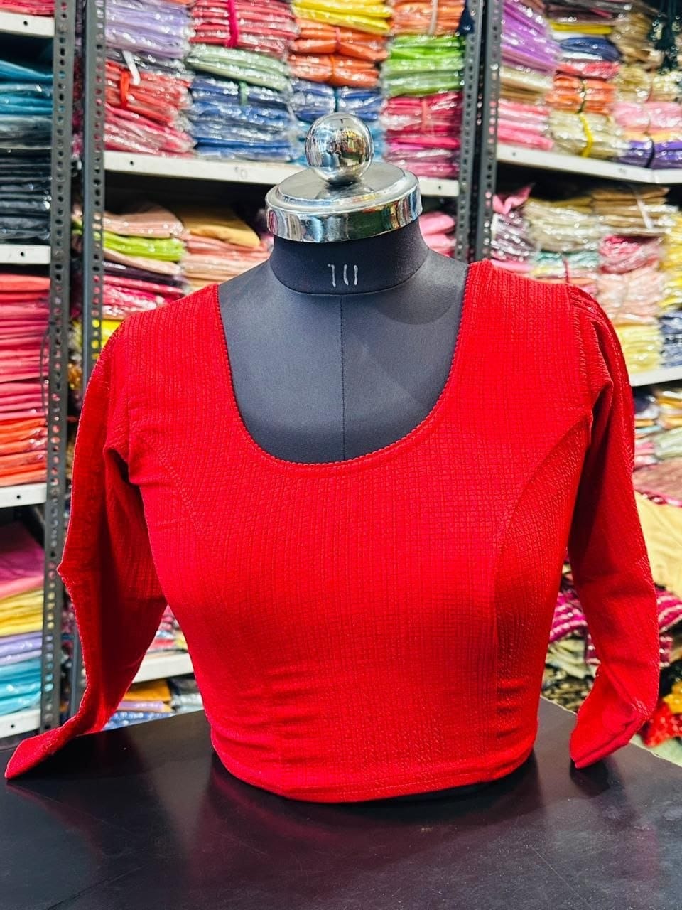 Red Textured Full-Sleeve Blouse