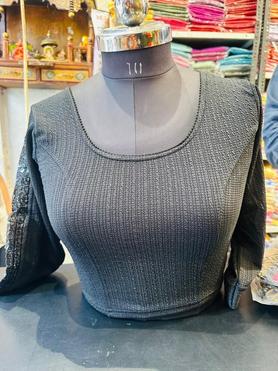 Black Net-Sleeve Blouse