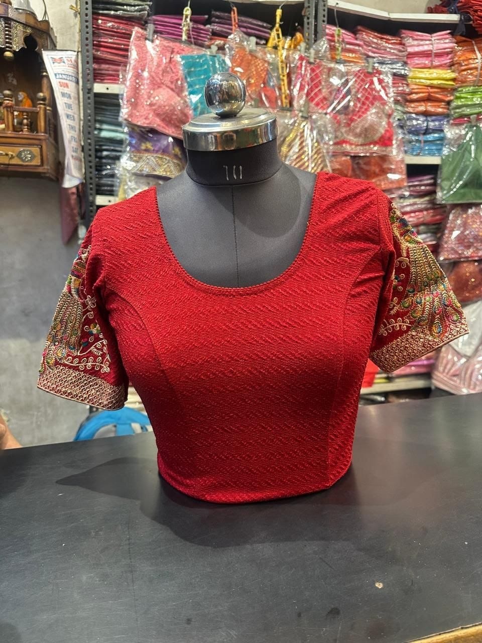 Red Peacock-Sleeve Blouse